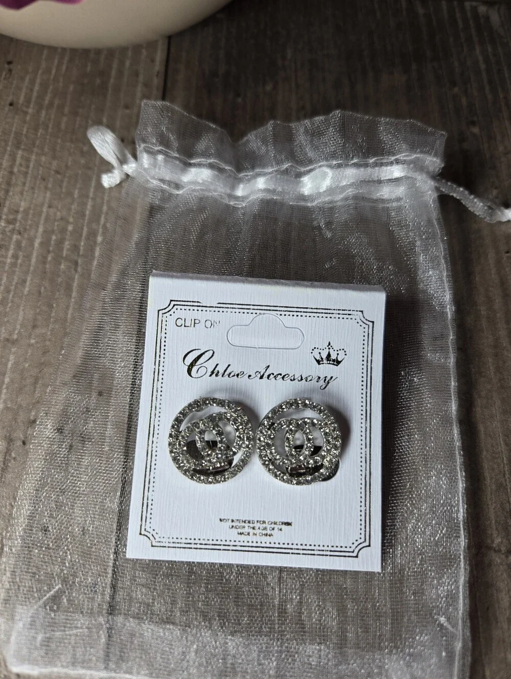 NWT Chloe Accessory Double Circle Silver Crystal Clip-On Earrings Women's